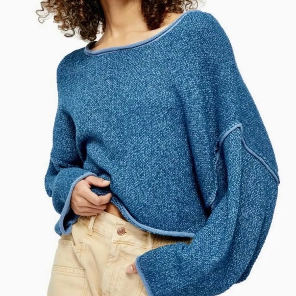 NWT Free People Cotton Bardot Sweatshirt Blue XS - Picture 5 of 6